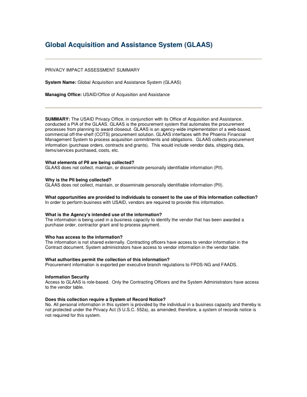 Global Acquisition and Assistance System (GLAAS) Privacy Impact Assessment Summary
