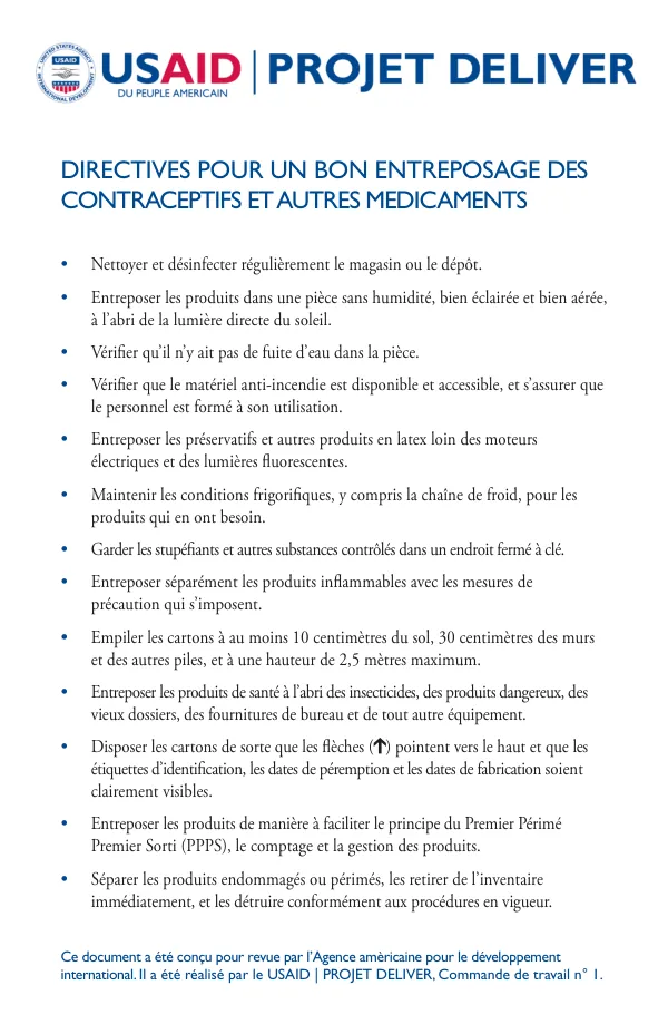 Directives pour un bon entreposage des contraceptifs et autres médicaments