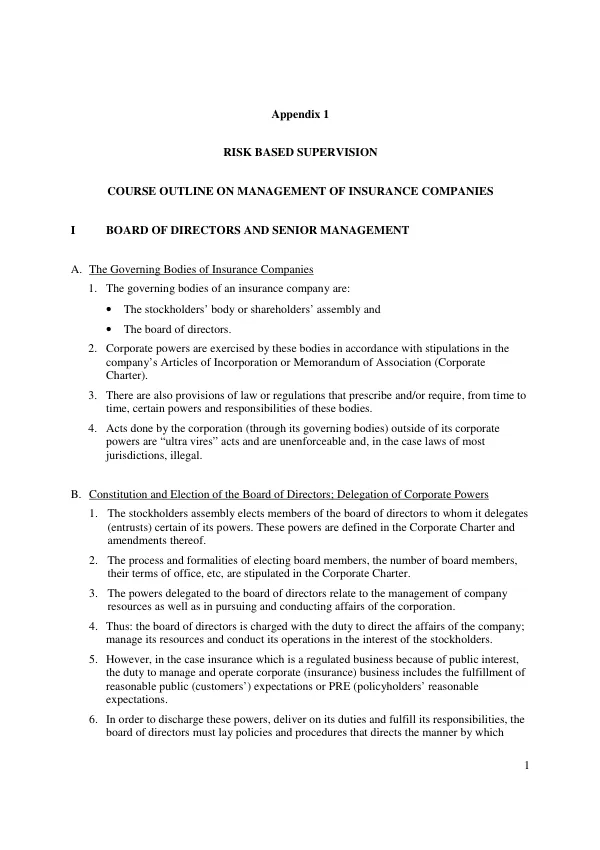 Risk Based Supervision: Course Outline on Management of Insurance Companies