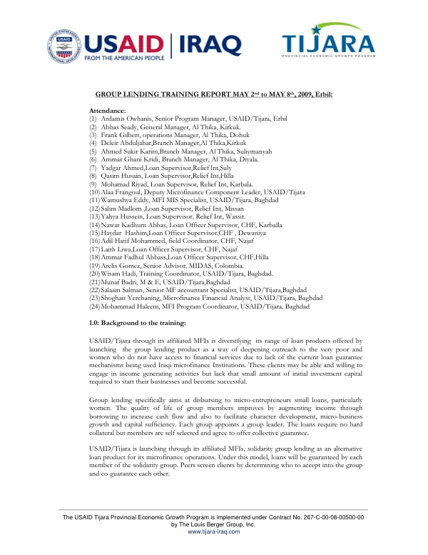 Group Lending Training Report: USAID Tijara Provincial Economic Growth Program