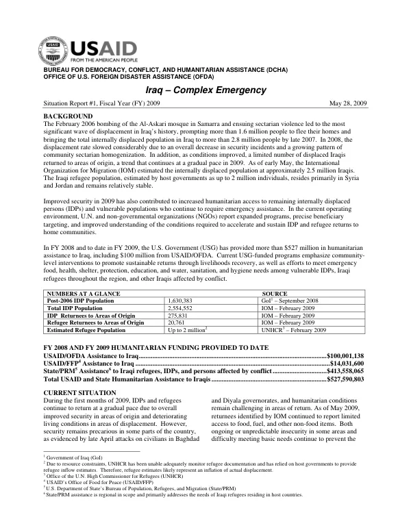 USAID-DCHA Iraq Complex Emergency Situation Report #1