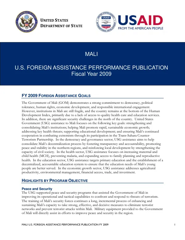 Mali U.S. Foreign Assistance Performance Publication FY 2009