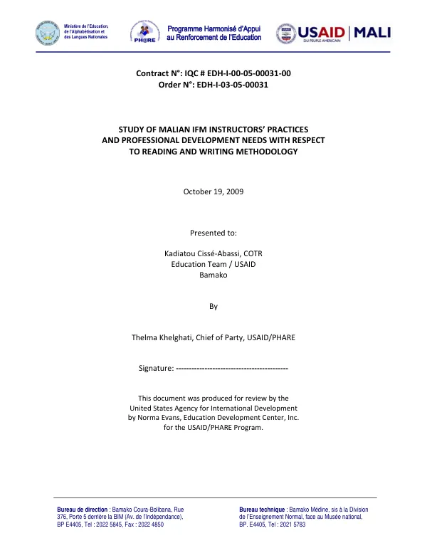 Study of Malian IFM Instructors’ Practices and Professional Development Needs with Respect to Reading and Writing Methodology