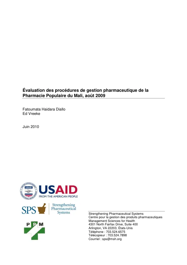 Évaluation des procédures de gestion pharmaceutique de la Pharmacie Populaire du Mali