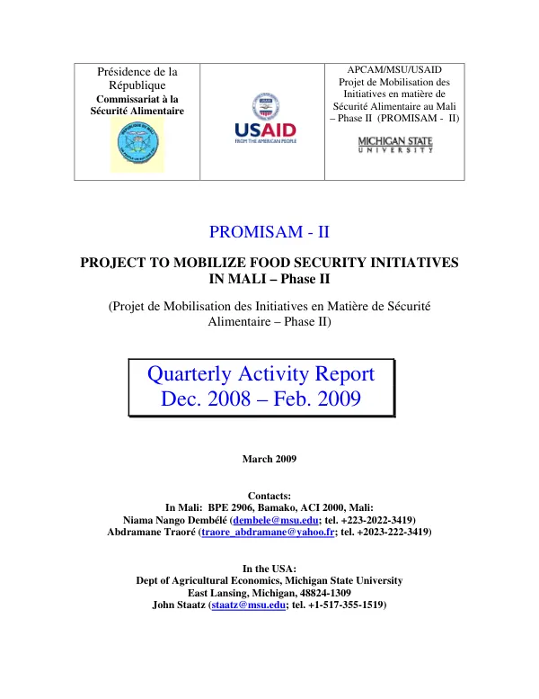 Quarterly Activity Report: Project to Mobilize Food Security Initiatives in Mali—Phase II (PROMISAM II)