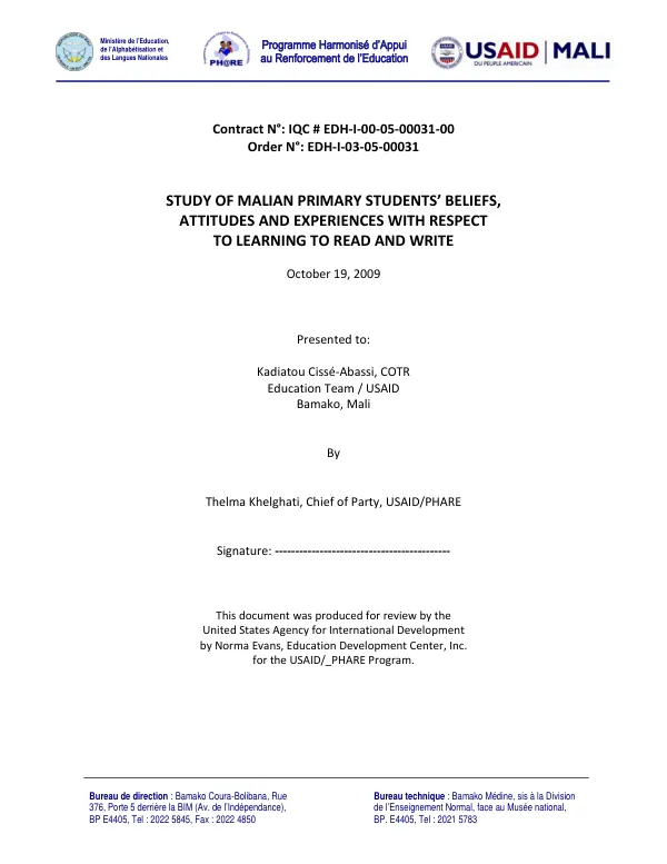 Study of Malian Primary Students' Beliefs, Attitudes and Experiences with Respect to Learning to Read and Write