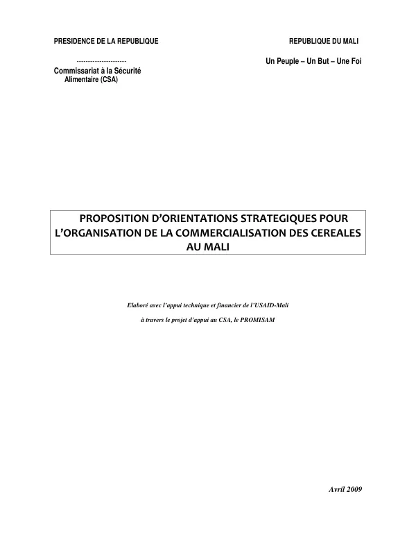 PROPOSITION D'ORIENTATIONS STRATEGIQUES POUR L'ORGANISATION DE LA COMMERCIALISATION DES CEREALES AU MALI