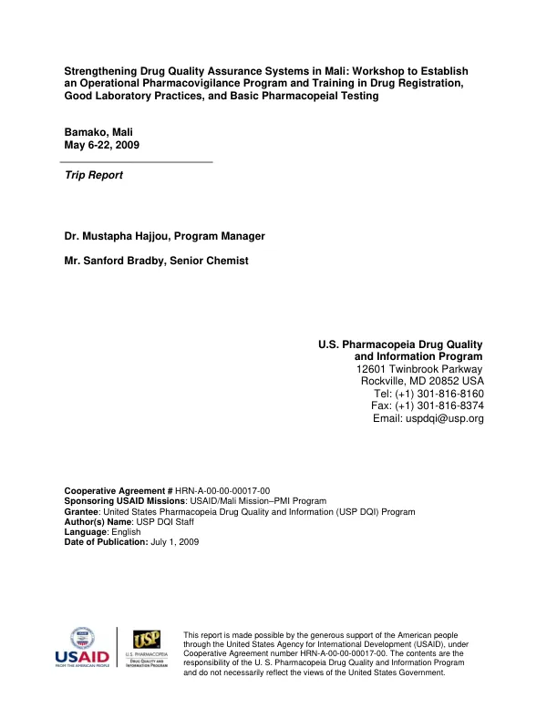 Strengthening Drug Quality Assurance Systems in Mali: Workshop to Establish an Operational Pharmacovigilance Program and Training in Drug Registration, Good Laboratory Practices, and Basic Pharmacopeial Testing