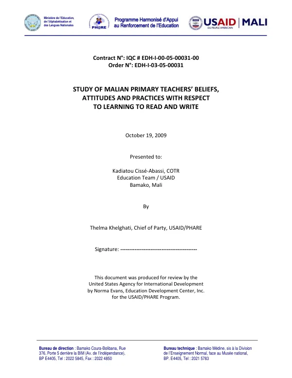 Study of Malian Primary Teachers’ Beliefs, Attitudes and Practices with Respect to Learning to Read and Write