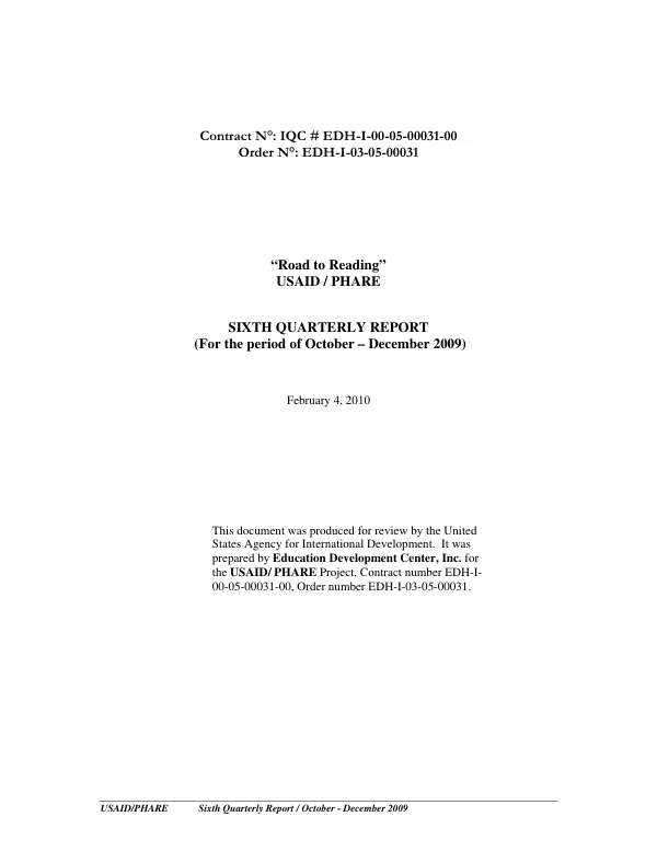 Sixth Quarterly Report / October - December 2009