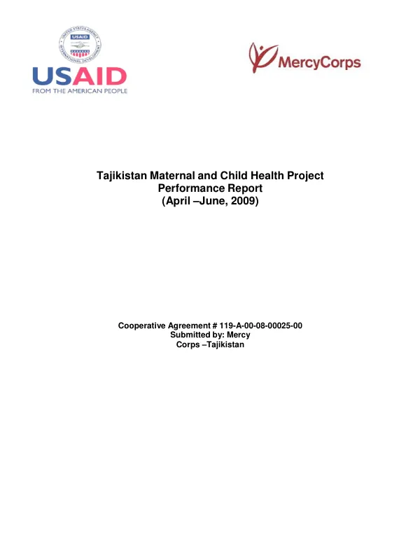 Tajikistan Maternal and Child Health Project Performance Report (April –June, 2009)
