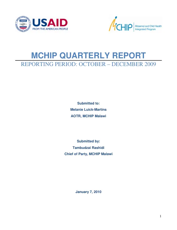MCHIP Quarterly Report October – December 2009