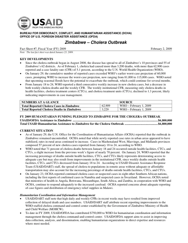 USAID/OFDA Zimbabwe Cholera Fact Sheet #7 2/02/2009