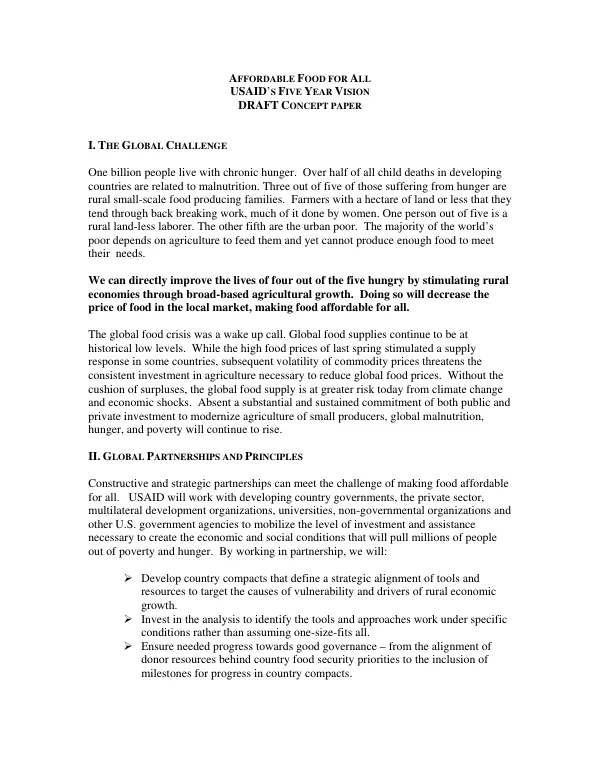 USAID's Five Year Vision: Affordable Food for All