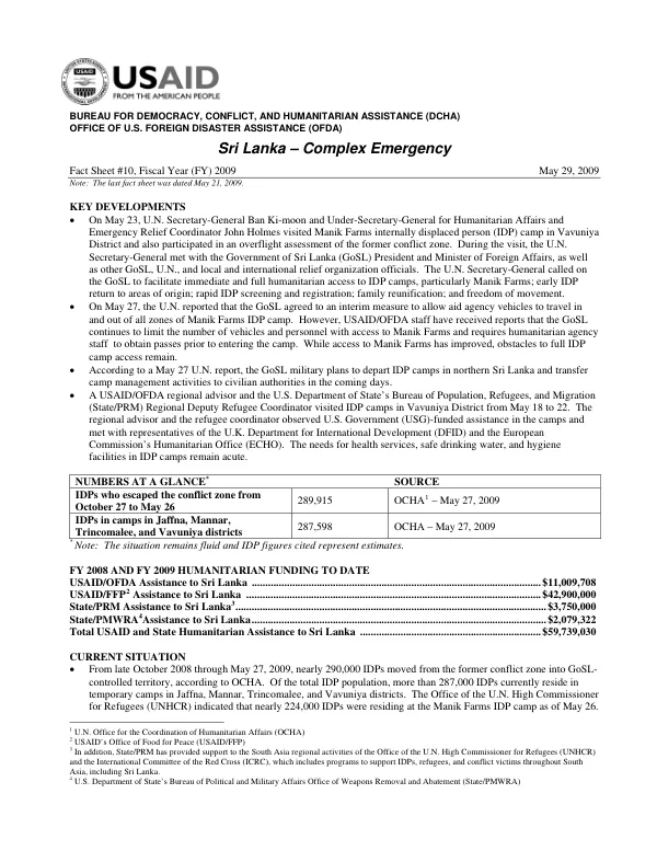Sri Lanka Complex Emergency – Fact Sheet #10, Fiscal Year (FY) 2009