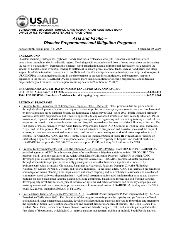 Asia and Pacific Disaster Preparedness and Mitigation Programs Fact Sheet #1 FY 2009
