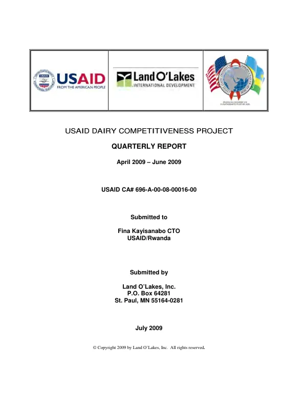 USAID Dairy Competitiveness Project Quarterly Report April-June 2009