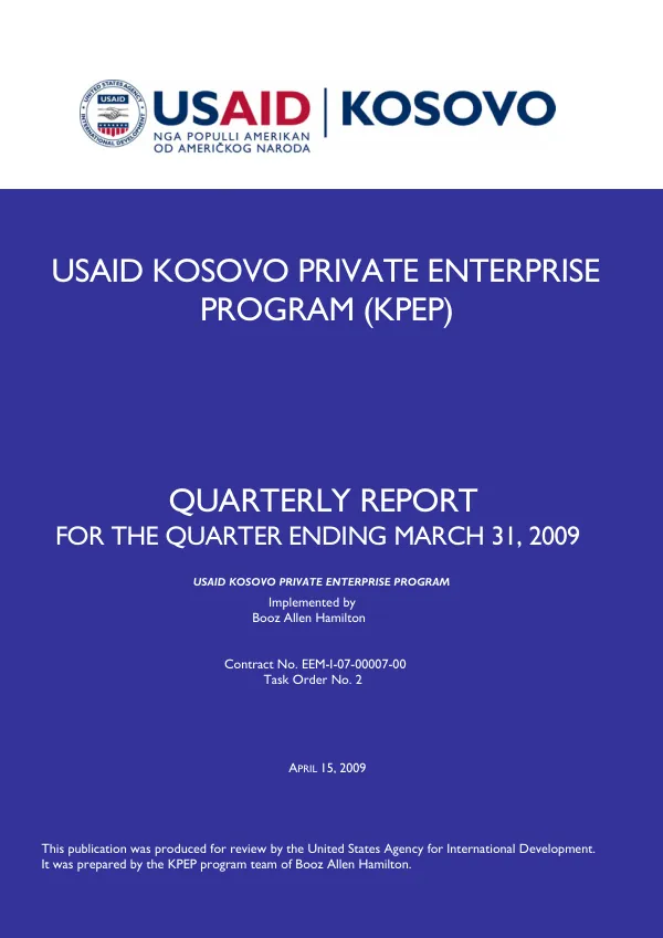 Quarterly Report for the USAID Kosovo Private Enterprise Program (KPEP)