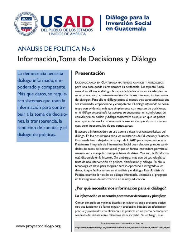 Análisis de Política No. 6: Información, Toma de Decisiones y Diálogo