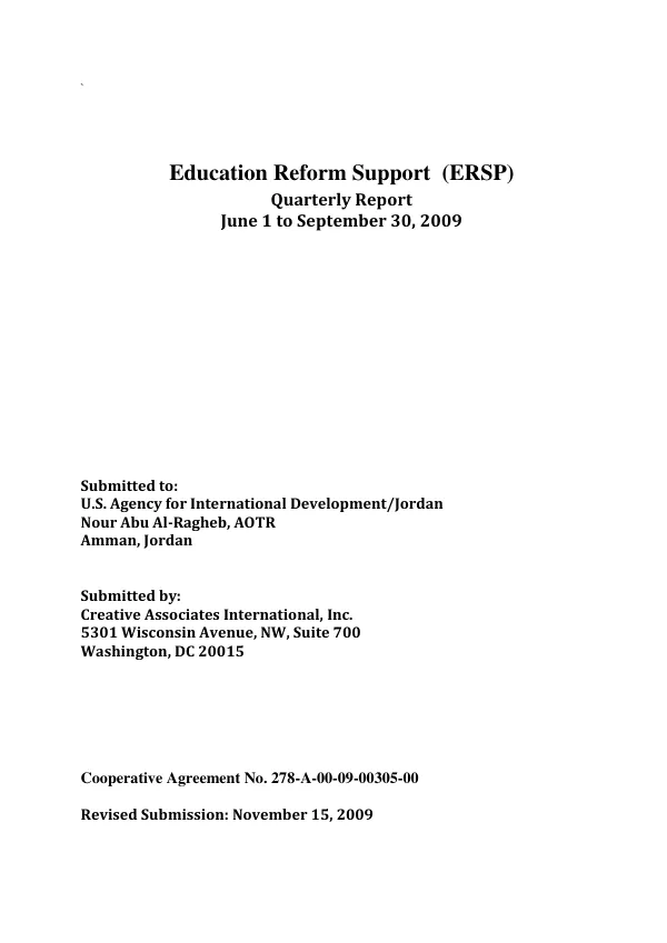 Education Reform Support (ERSP) Quarterly Report (June –Sept. 2009)