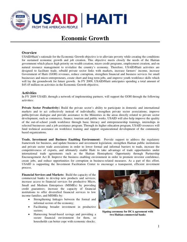 Economic Growth Objective: FY 2009 Annual Implementation Plan