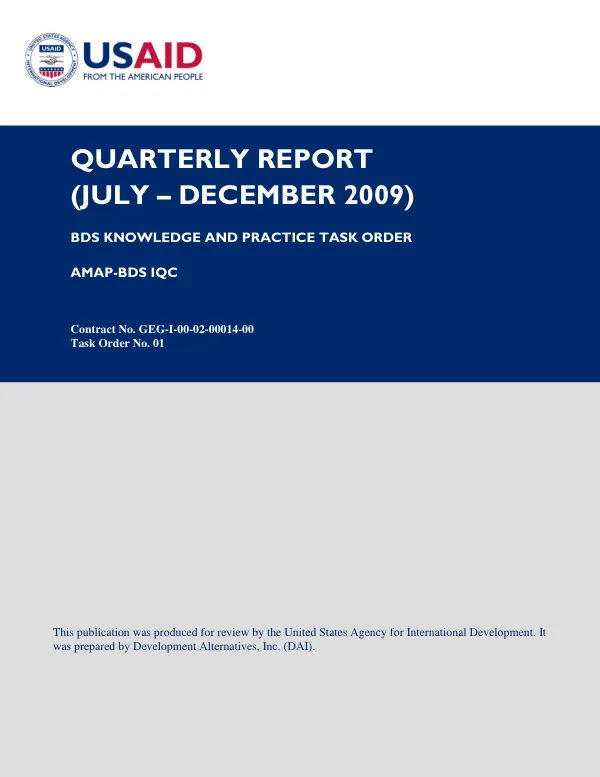 Quarterly Report (July – December 2009): BDS Knowledge and Practice Task Order AMAP-BDS IQC