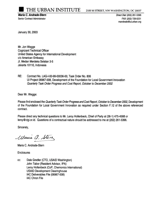 Quarterly task order progress and cost report : October to December 2002 -- development of the foundation for local government innovation (Indonesia)