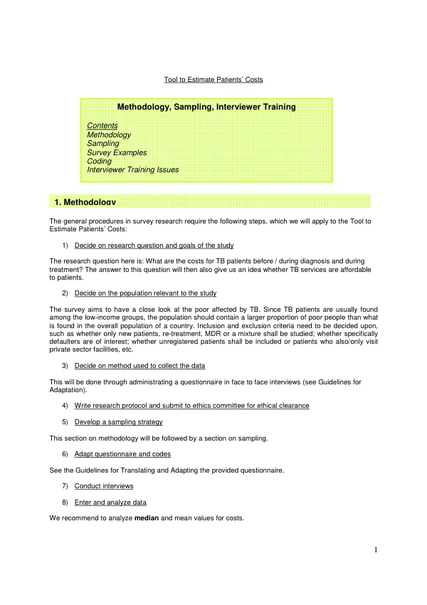 Tool to Estimate Patients’ Costs: Guidelines, Methods, Sampling, Interviewer Training