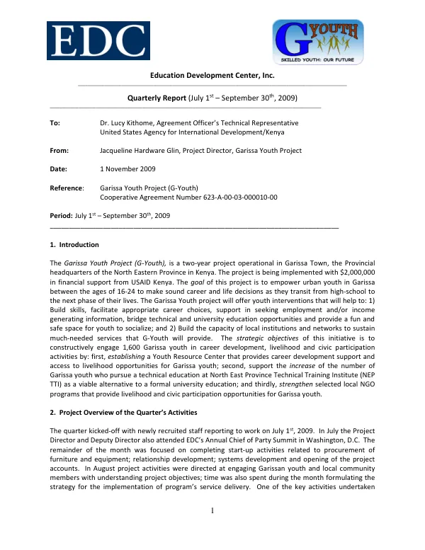 Quarterly Report (July 1st – September 30th, 2009)
