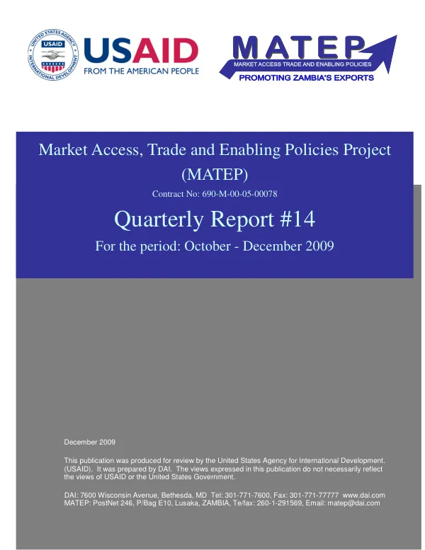 Market Access, Trade and Enabling Policies Project (MATEP) Quarterly Report #14
