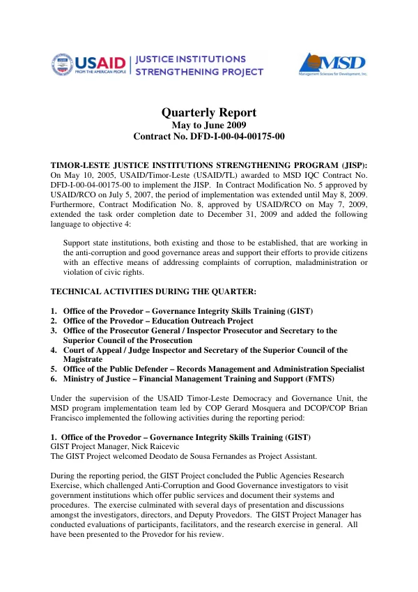 Quarterly Report May to June 2009