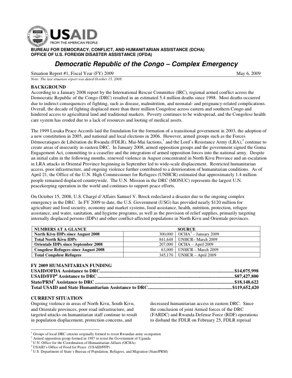 USAID/OFDA DRC Complex Emergency Situation Report #1