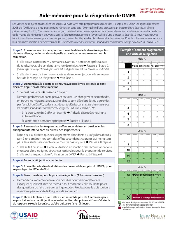 Aide-mémoire pour la réinjection de DMPA -- pour les prestataires de services de santé