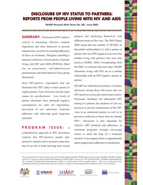 Disclosure of HIV status to partners : reports from people living with HIV and AIDS