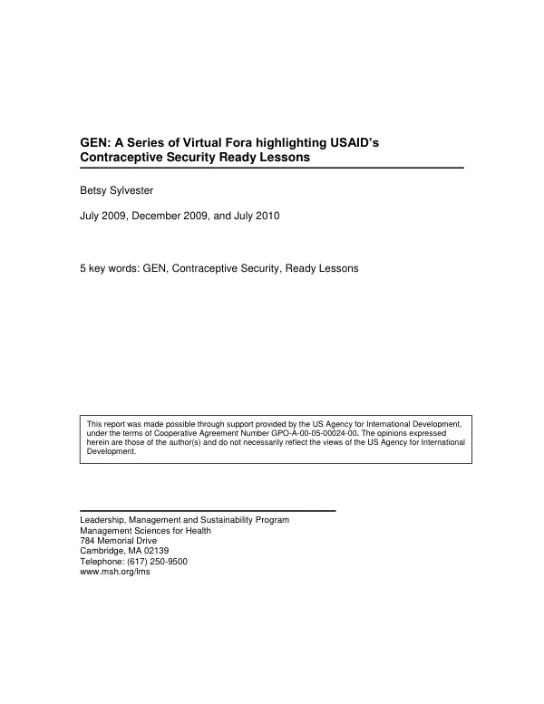 Global Exchange Network for Reproductive Health: A Series of Virtual Fora Highlighting USAID’s Contraceptive Security Ready Lessons