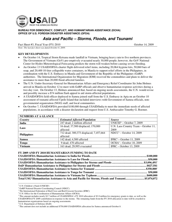 USAID-OFDA Asia Pacific Storms, Floods, and Tsunami Fact Sheet #3