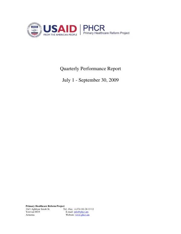 Primary Healthcare Reform Project Quarterly Performance Report July 1 - September 30, 2009