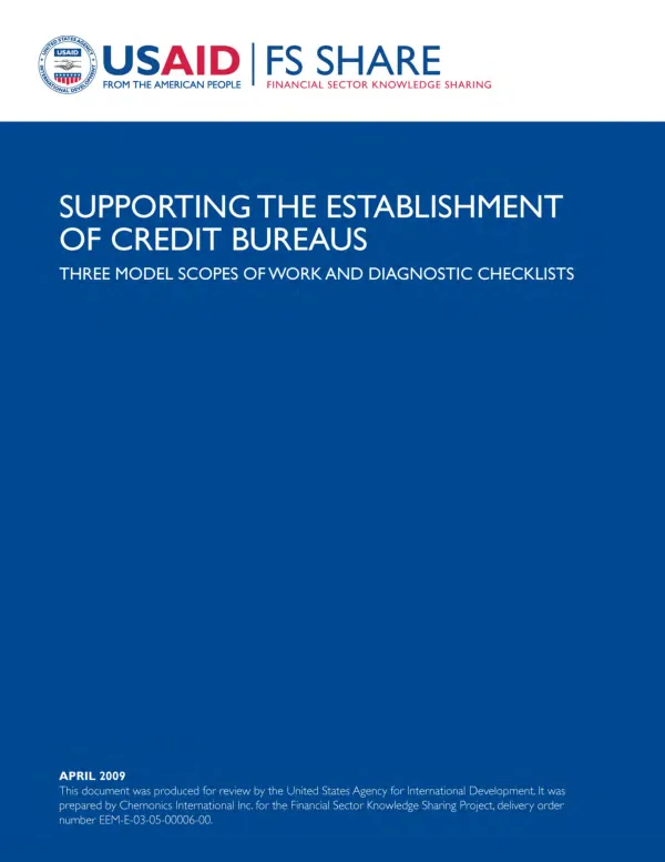 Supporting the Establishment of Credit Bureaus: Three Model Scopes of Work and Diagnostic Checklists