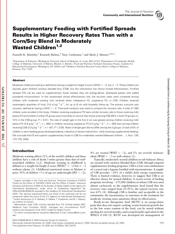 Supplementary Feeding with Fortified Spreads Results in Higher Recovery Rates Than with a Corn/Soy Blend in Moderately Wasted Children