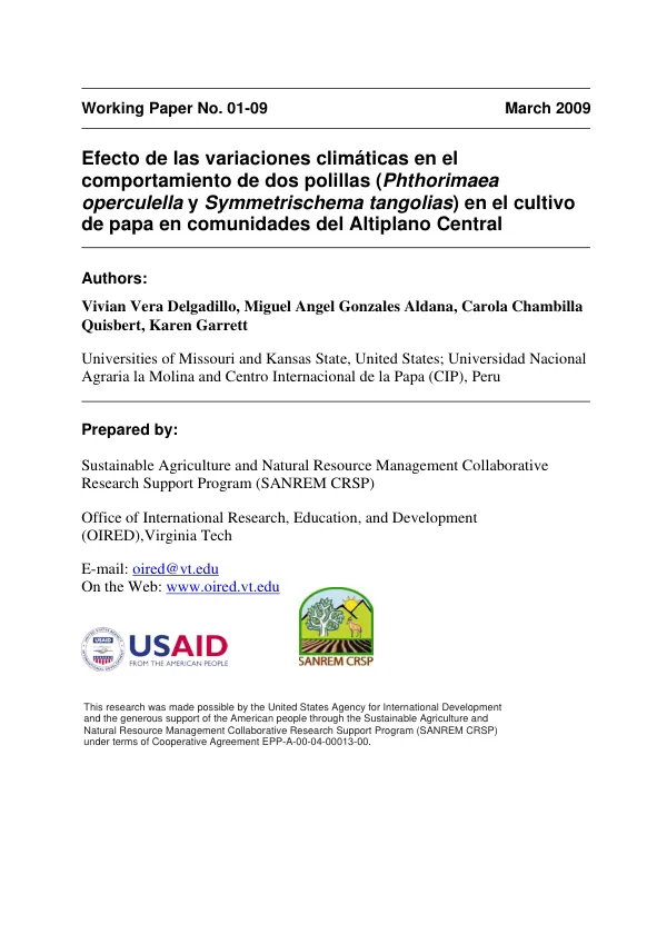 Efecto de las variaciones climáticas en el comportamiento de dos polillas (Phthorimaea operculella y Symmetrischema tangolias) en el cultivo de papa en comunidades del Altiplano Central