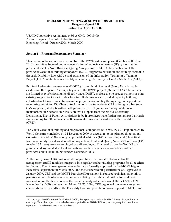 USAID Cooperative Agreement #486-A-00-05-00019-00: CRS Vietnam IVWD Progress Report #9, Q 1-2 / FY 09