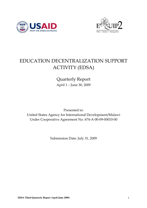 Education Decentralization Support Activity (EDSA) Third Quarterly Report (April-June 2009)