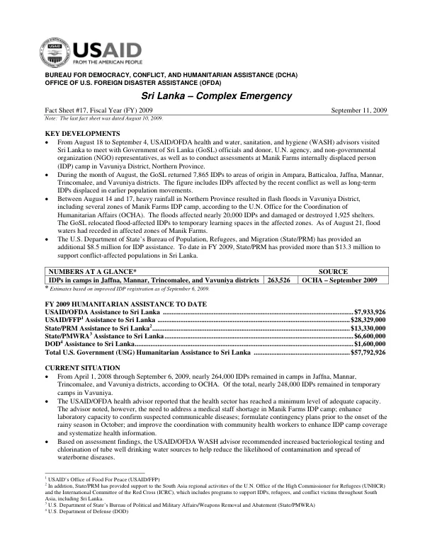USAID/DCHA Sri Lanka Complex Emergency Fact Sheet #17, Fiscal Year (FY) 2009