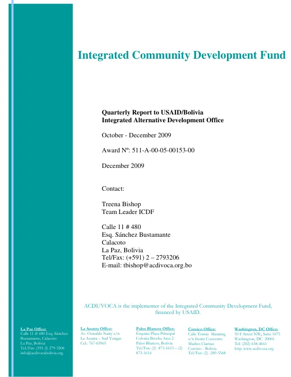 Quarterly Report to USAID/Bolivia Integrated Alternative Development Office