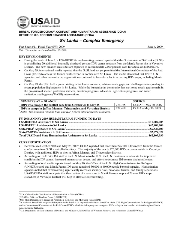 Sri Lanka Complex Emergency Fact Sheet #11, Fiscal Year (FY) 2009