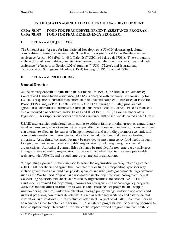A-133 Compliance Supplement for Food for Peace Development Assistance Program