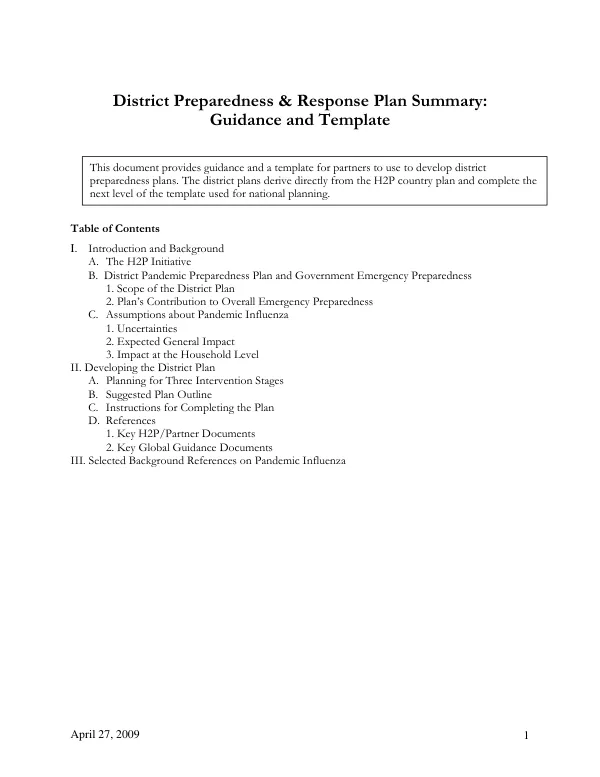 District Preparedness & Response Plan Summary: Guidance and Template