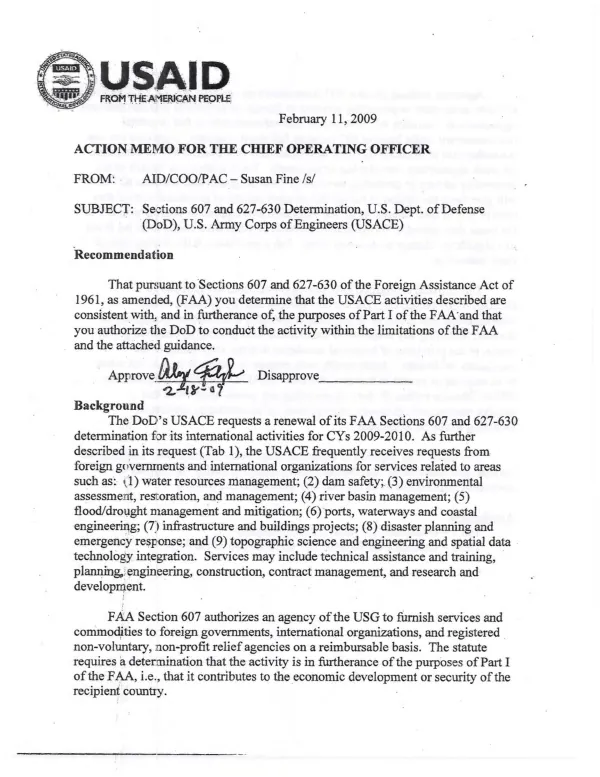 Sections 607 and 627-630 Determination, U.S. Dept. of Defense, U.S. Army Corps of Engineers