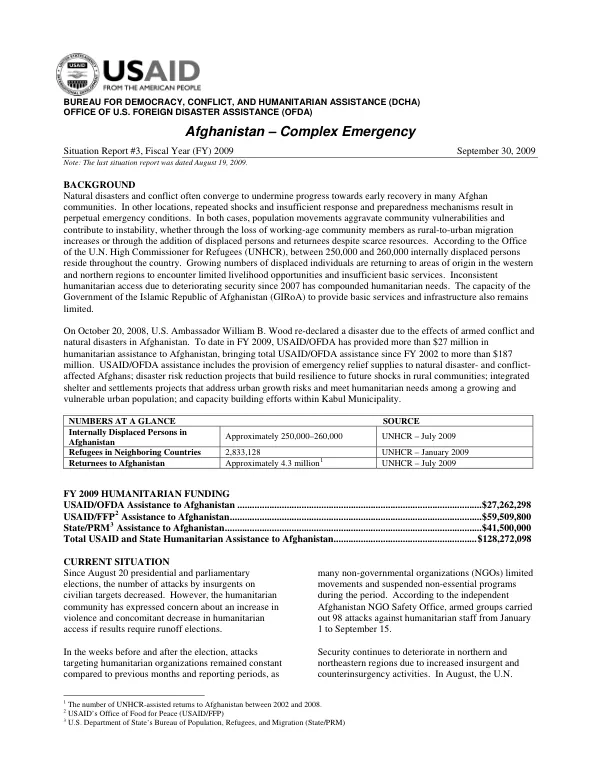 Afghanistan Complex Emergency Situation Report #3