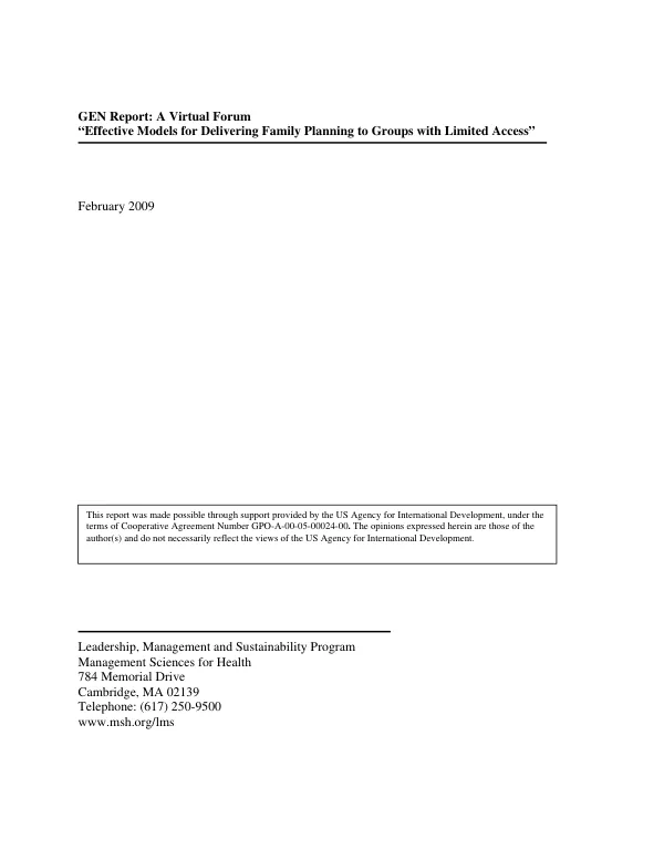GEN Report: A Virtual Forum Effective Models for Delivering Family Planning to Groups with Limited Access